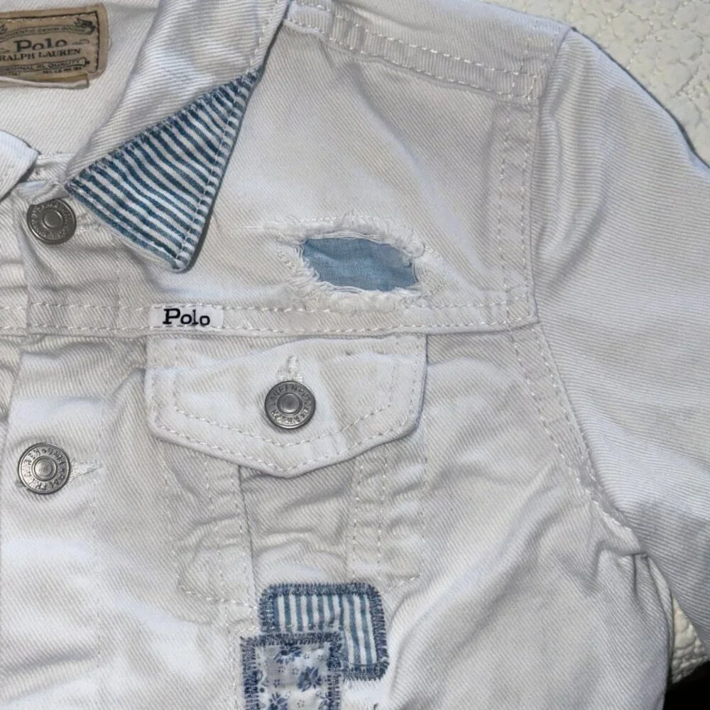 Polo Ralph Lauren Girls 6X White Denim Jacket Blue Patchwork Y2K Vintage